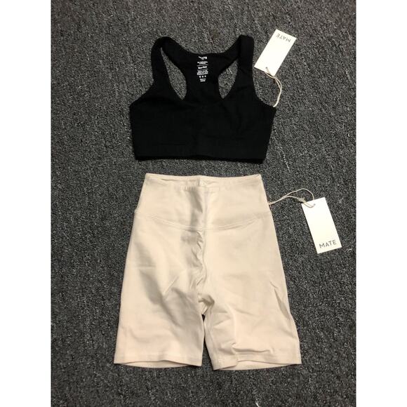 Mate The Label Sports Bra Biker Shorts Set Xs Black Bone Organic Cotton New - Picture 1 of 2
